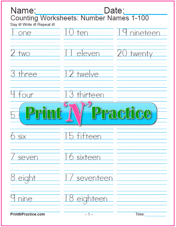 70 number writing worksheets numbers words practice 1 20