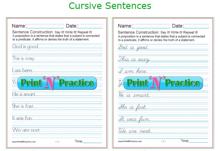 20 Simple Cursive Sentences Grammar Worksheets