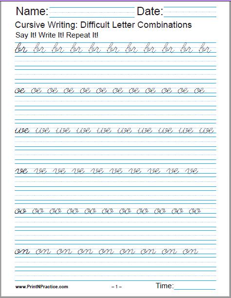 Cursive Handwriting Worksheets: Short dip letter combinations.