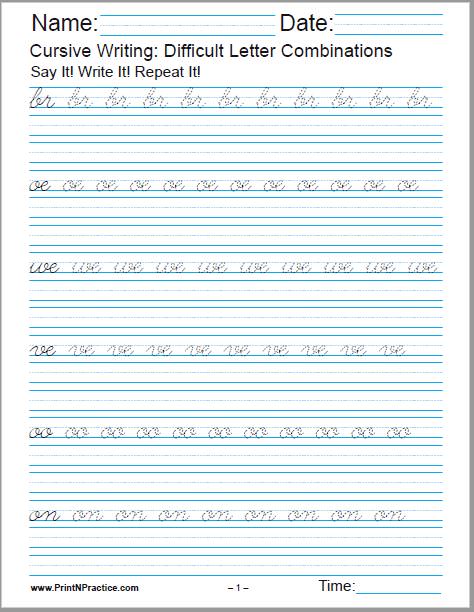 Cursive Writing Practice Worksheet with difficult letter combinations.