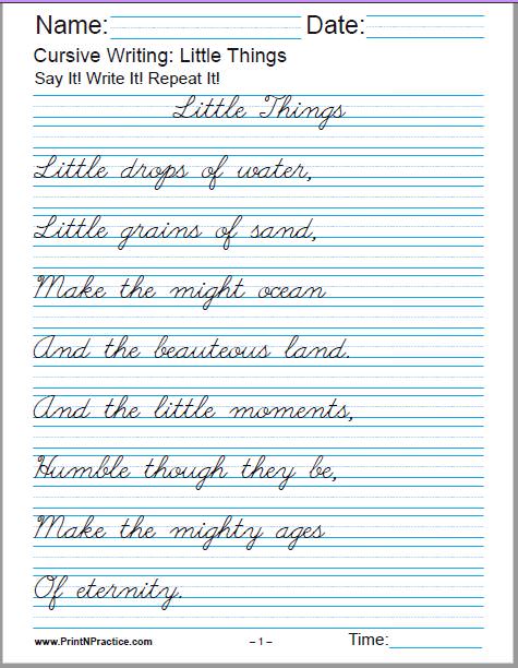 Cursive Writing Worksheets: Little Things, by Julia A. F. Carney - 2 pages