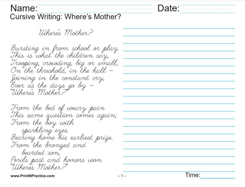 Kids Cursive Writing: Where's Mother
